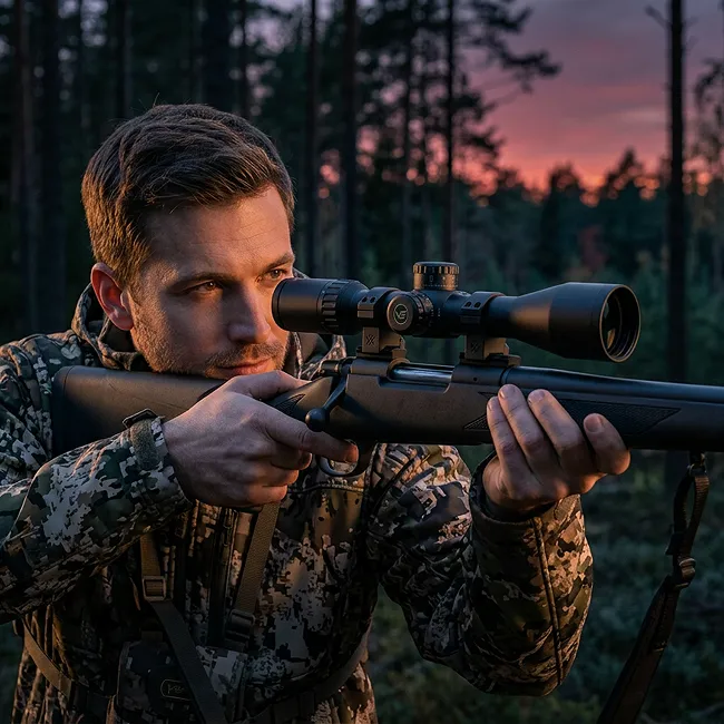 Охотник с оптическим прицелом Vector Optics Continental на закате
